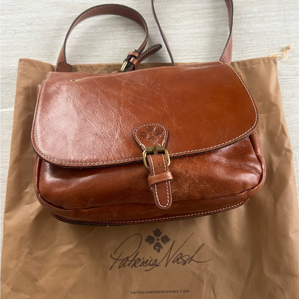Patricia Nash Brown Leather Crossbody Bag with Flap Closure